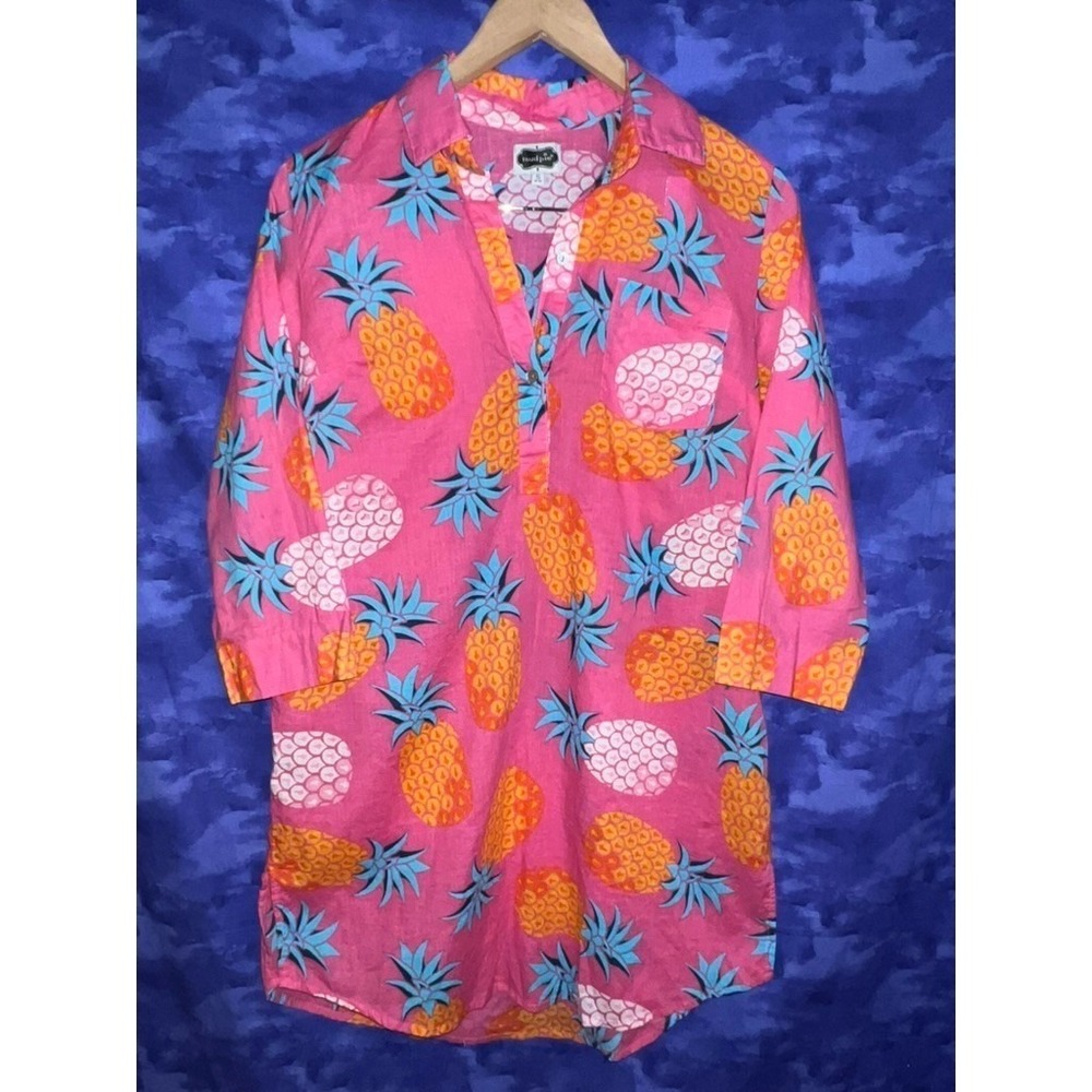 Mud Pie Pink Pineapple Tunic Swim Coverup Womens Sleeve Tropical Summer Sm. 4-6